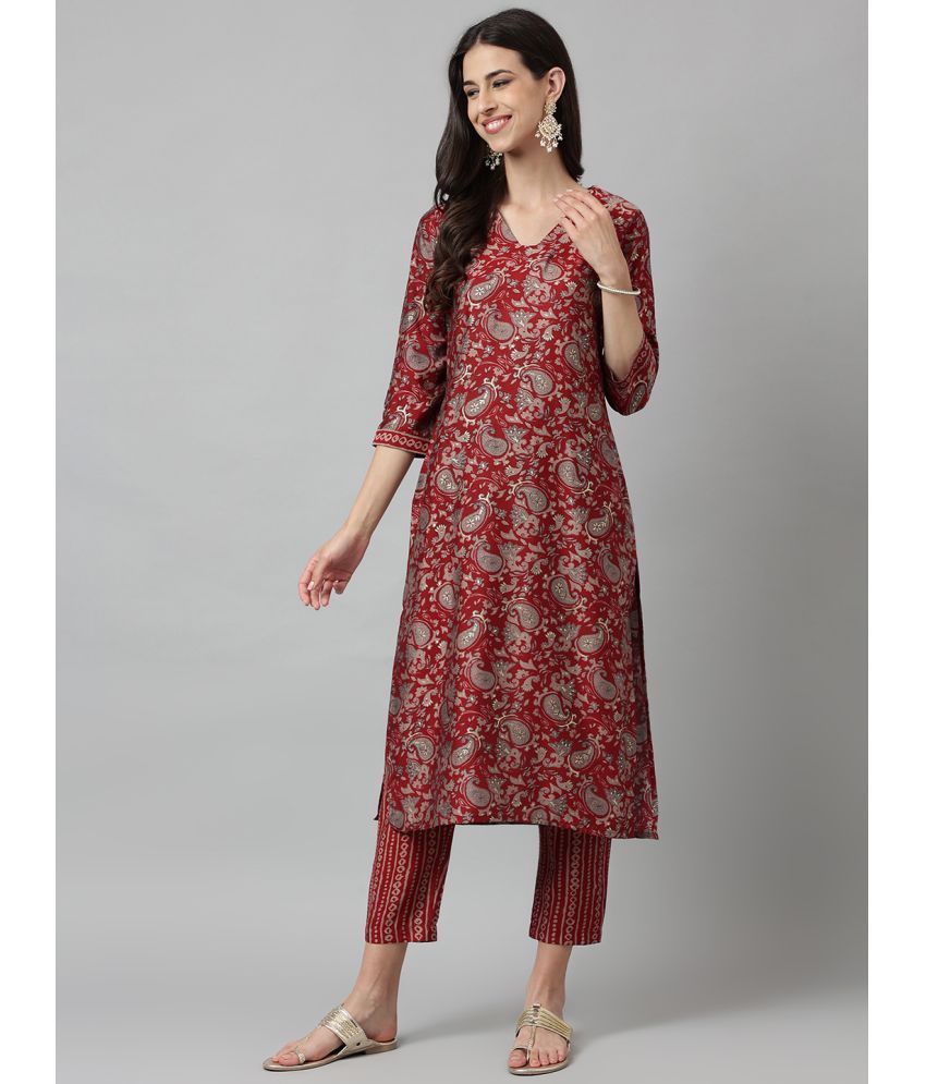     			Shaily Chanderi Self Design Kurti With Pants Women's Stitched Salwar Suit - Maroon ( Pack of 2 )