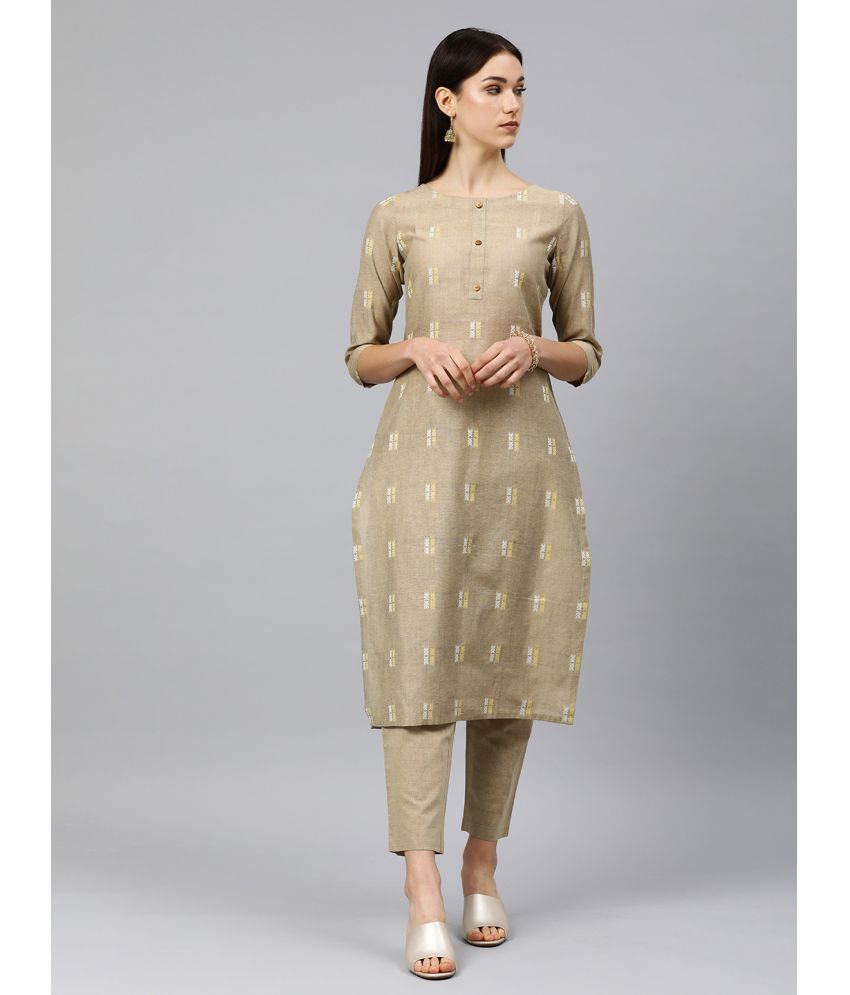     			Shaily Cotton Blend Self Design Kurti With Pants Women's Stitched Salwar Suit - Beige ( Pack of 2 )