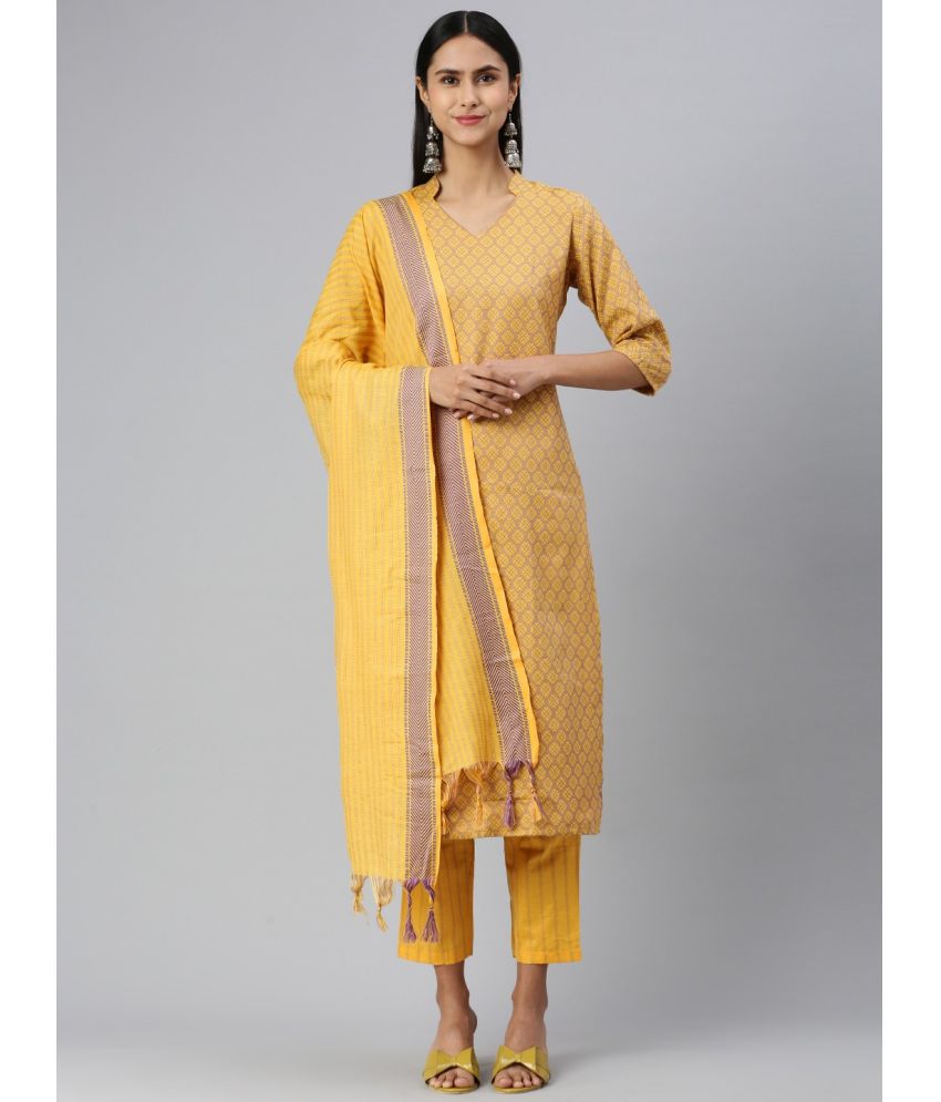     			Shaily Cotton Blend Self Design Kurti With Salwar Women's Stitched Salwar Suit - Yellow ( Pack of 3 )