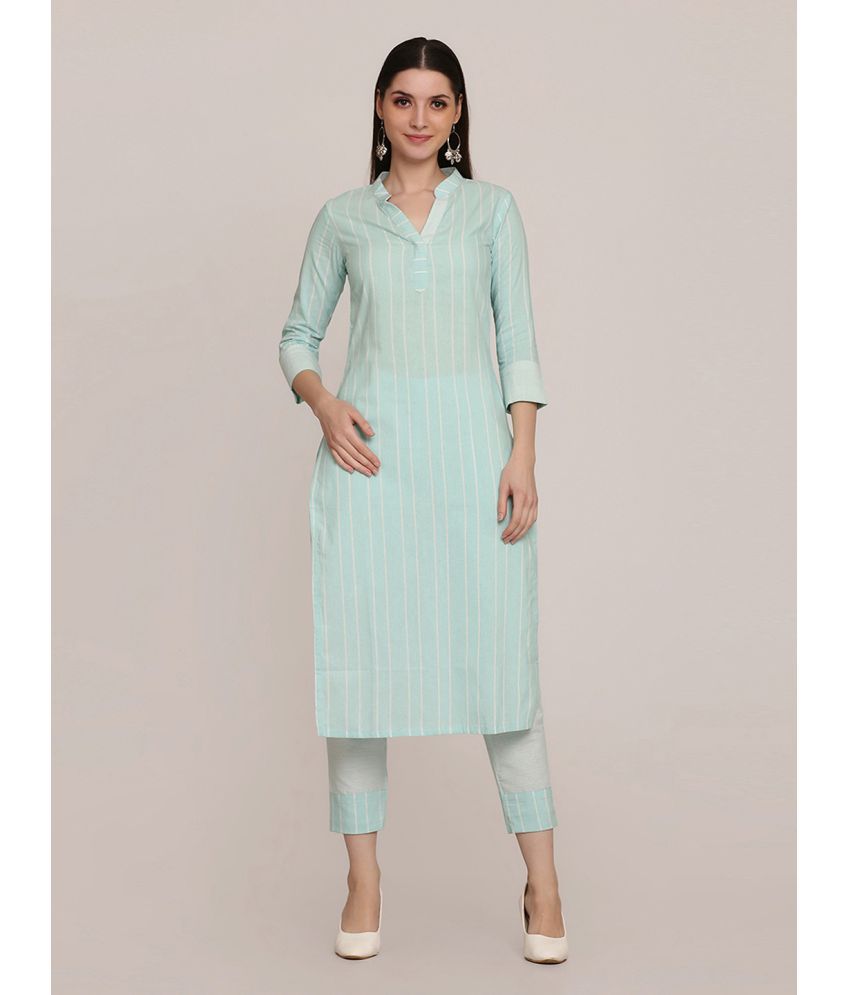     			Shaily Cotton Striped Kurti With Pants Women's Stitched Salwar Suit - Turquoise ( Pack of 2 )