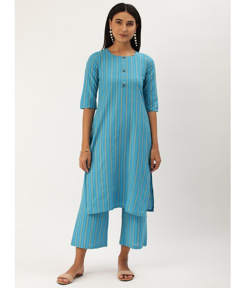     			Shaily Cotton Striped Kurti With Pants Women's Stitched Salwar Suit - Blue ( Pack of 2 )