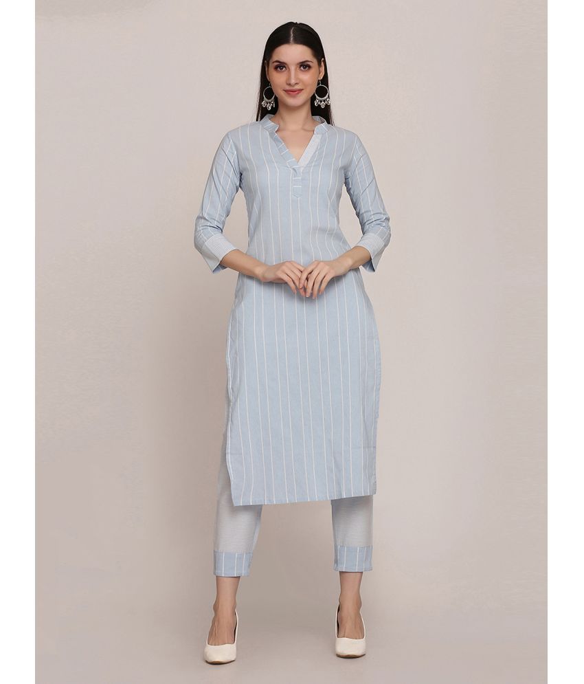     			Shaily Cotton Striped Kurti With Pants Women's Stitched Salwar Suit - Light Blue ( Pack of 2 )