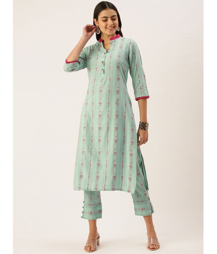     			Shaily Cotton Striped Kurti With Pants Women's Stitched Salwar Suit - Turquoise ( Pack of 2 )