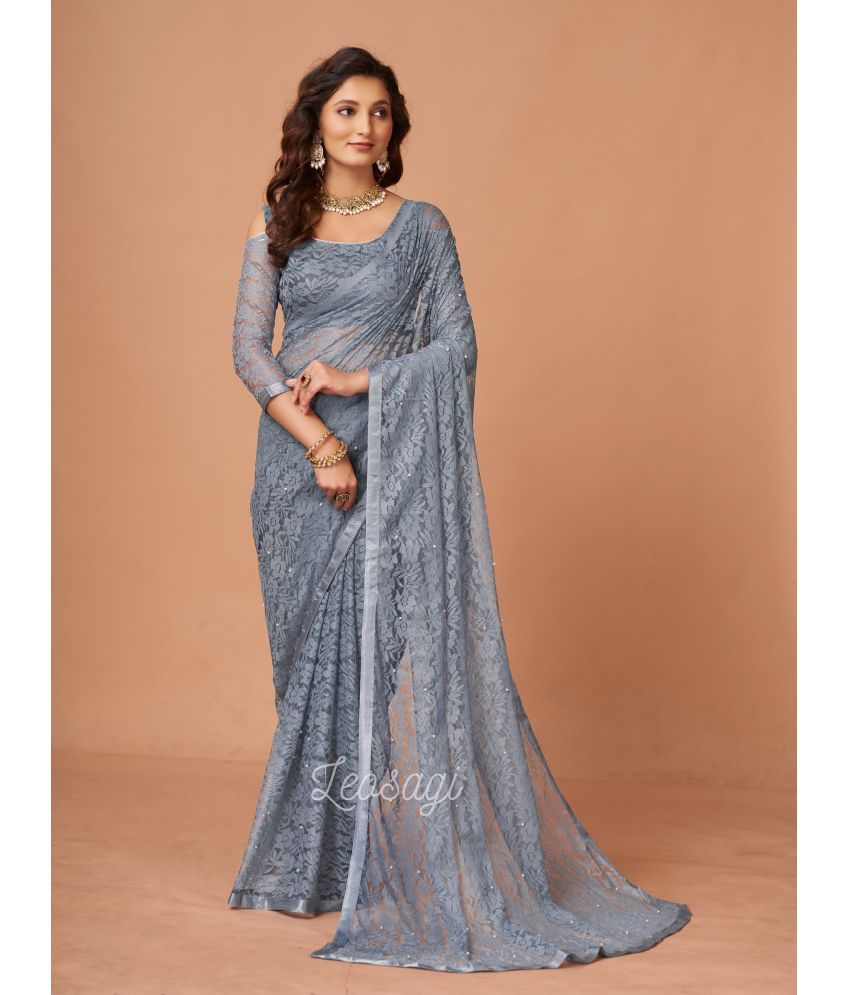     			VERVIZA Net Printed Saree Without Blouse Piece - Grey ( Pack of 1 )
