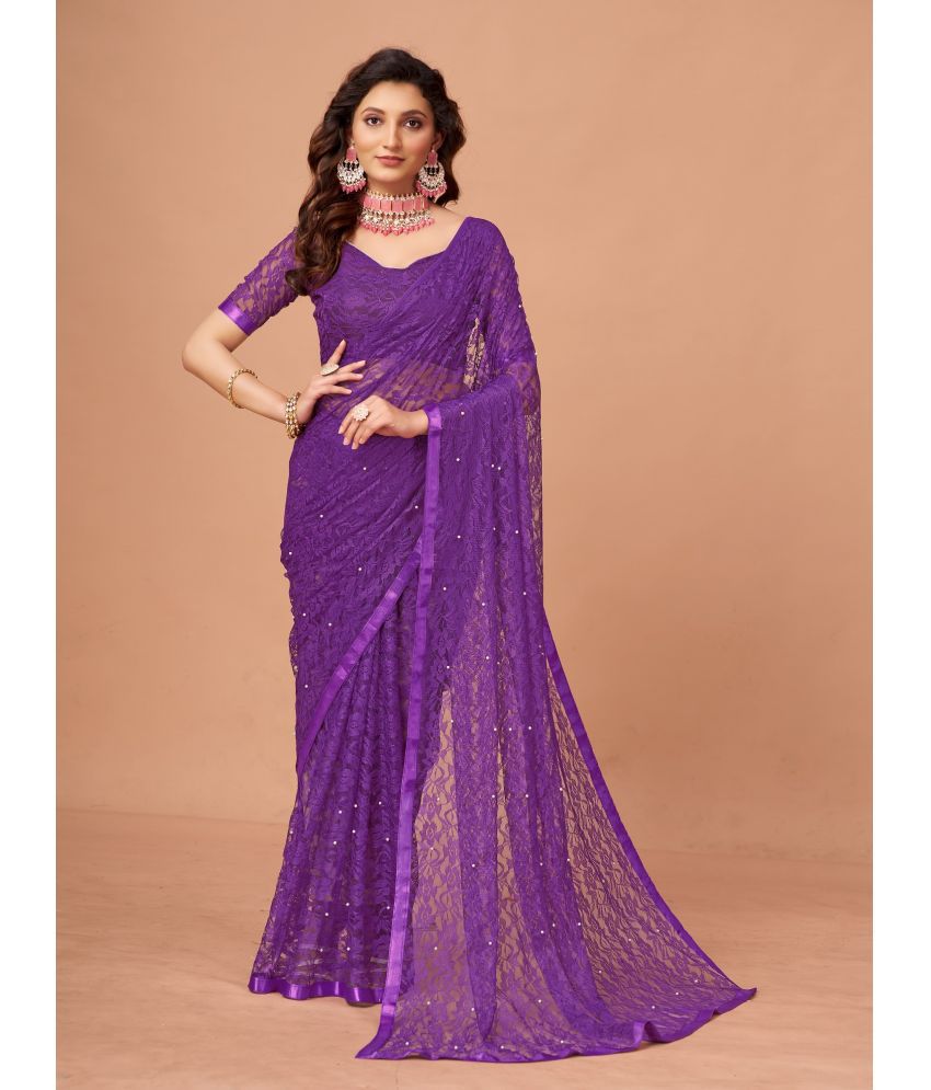     			VERVIZA Net Printed Saree Without Blouse Piece - Purple ( Pack of 1 )