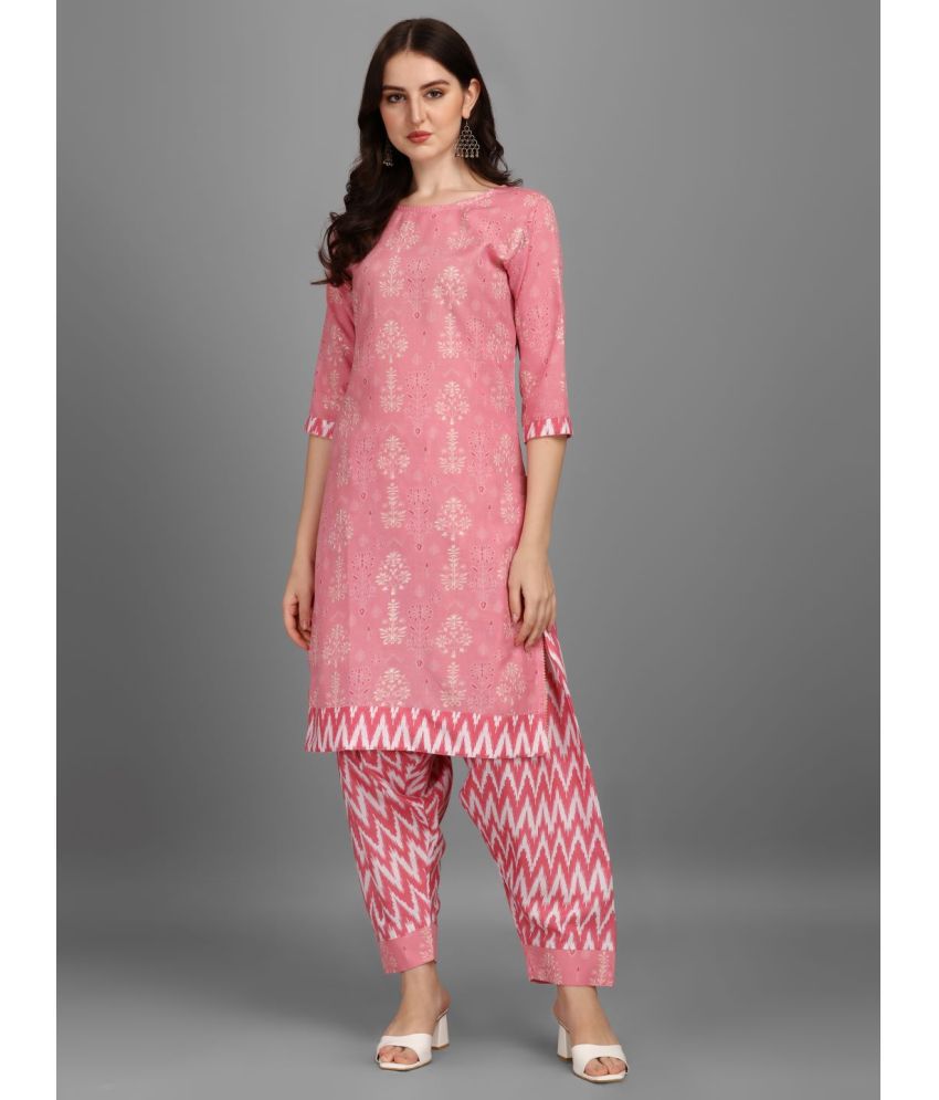     			gufrina Cotton Blend Printed Kurti With Salwar Women's Stitched Salwar Suit - Pink ( Pack of 1 )