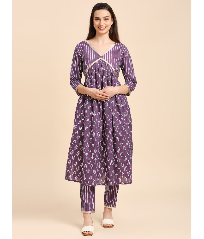     			gufrina Cotton Printed Kurti With Pants Women's Stitched Salwar Suit - Purple ( Pack of 1 )