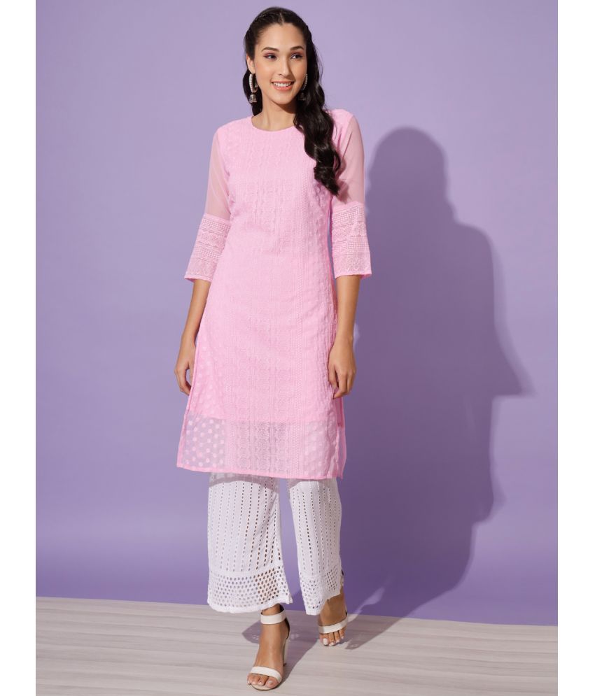     			gufrina Georgette Embroidered Kurti With Palazzo Women's Stitched Salwar Suit - Pink ( Pack of 1 )