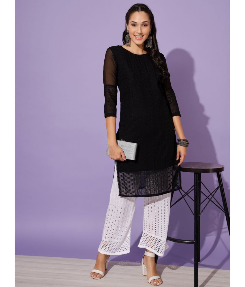     			gufrina Georgette Embroidered Kurti With Palazzo Women's Stitched Salwar Suit - Black ( Pack of 1 )