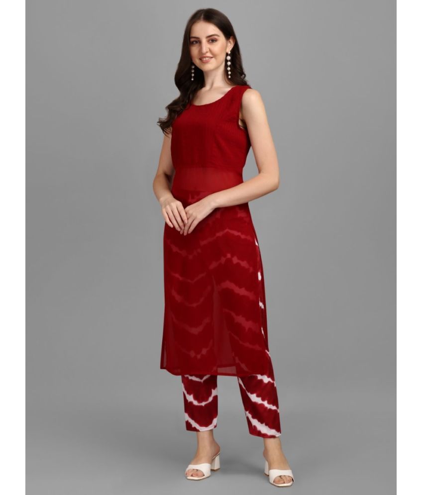     			gufrina Georgette Solid Kurti With Pants Women's Stitched Salwar Suit - Red ( Pack of 1 )