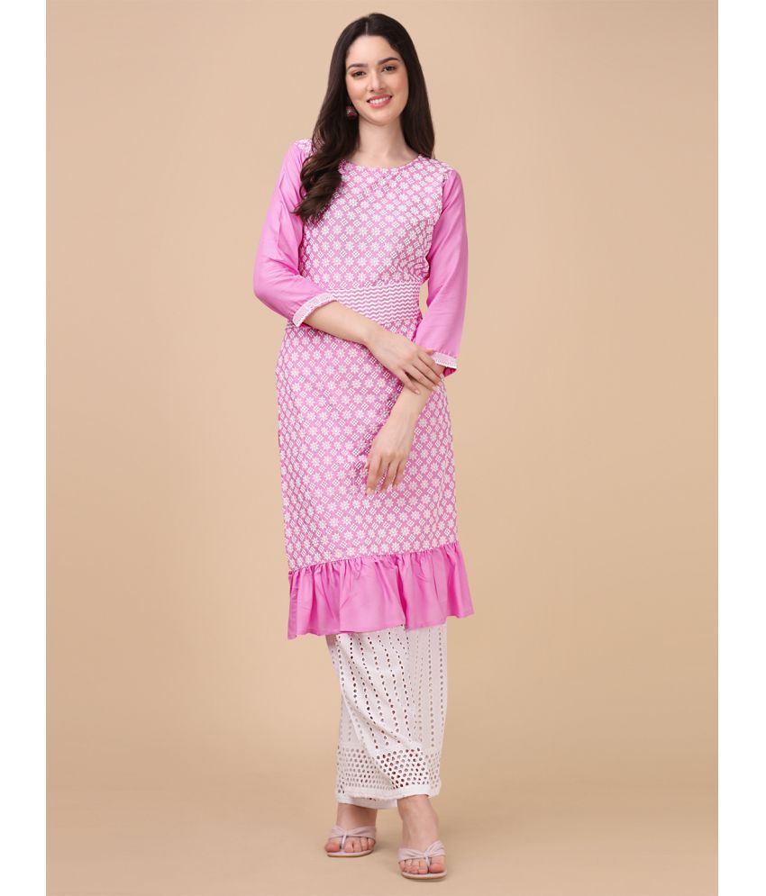     			gufrina Viscose Embroidered Kurti With Palazzo Women's Stitched Salwar Suit - Pink ( Pack of 1 )