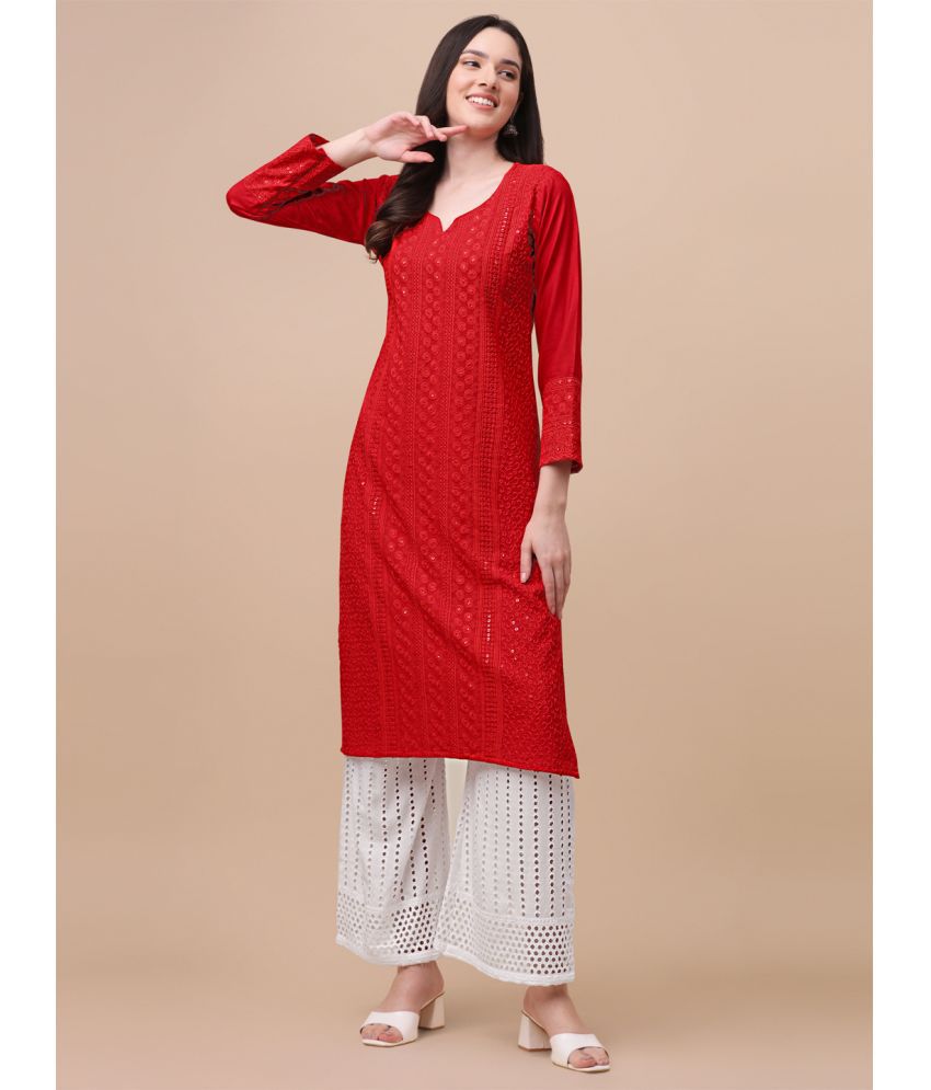     			gufrina Viscose Embroidered Kurti With Palazzo Women's Stitched Salwar Suit - Red ( Pack of 1 )