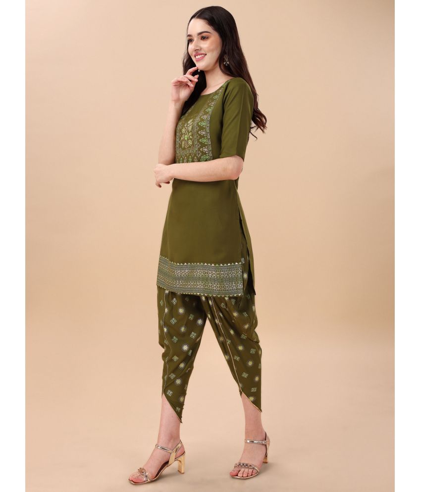     			gufrina Viscose Printed Kurti With Dhoti Pants Women's Stitched Salwar Suit - Olive ( Pack of 1 )