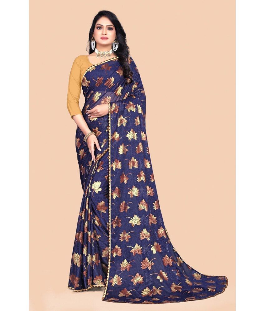     			Aika Lycra Printed Saree Without Blouse Piece - Navy Blue ( Pack of 1 )