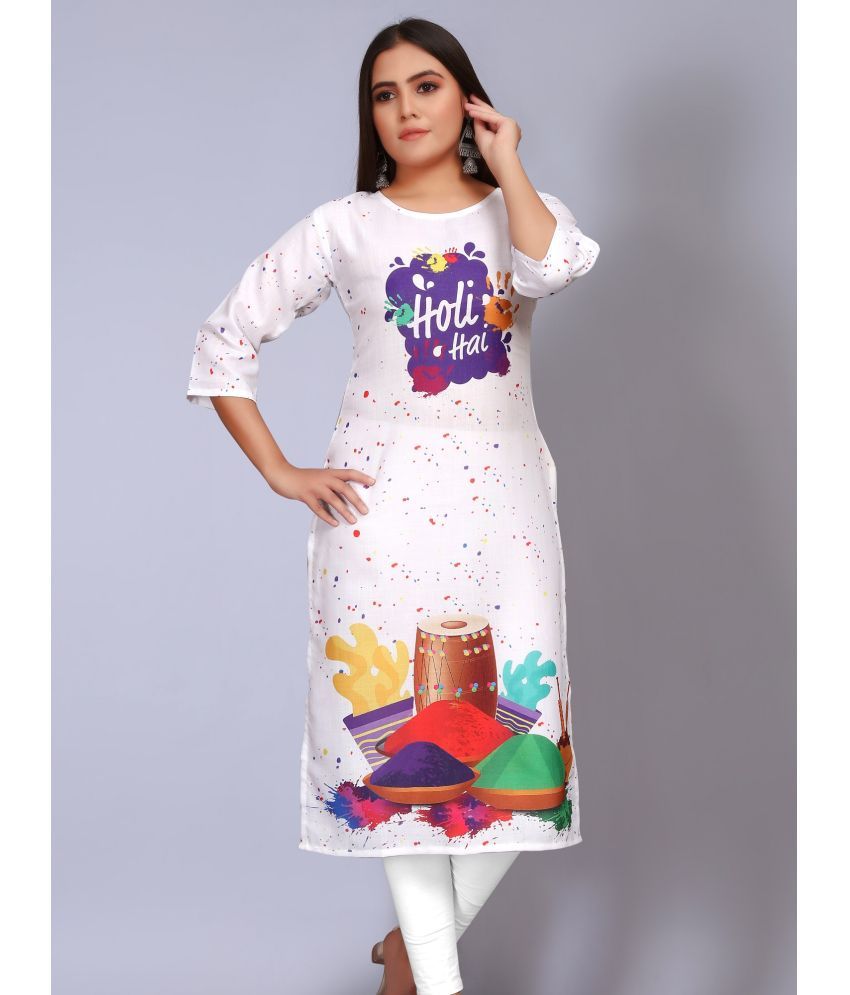     			Hetsa Holi Cotton Blend Printed A-line Women's Kurti - White ( Pack of 1 )