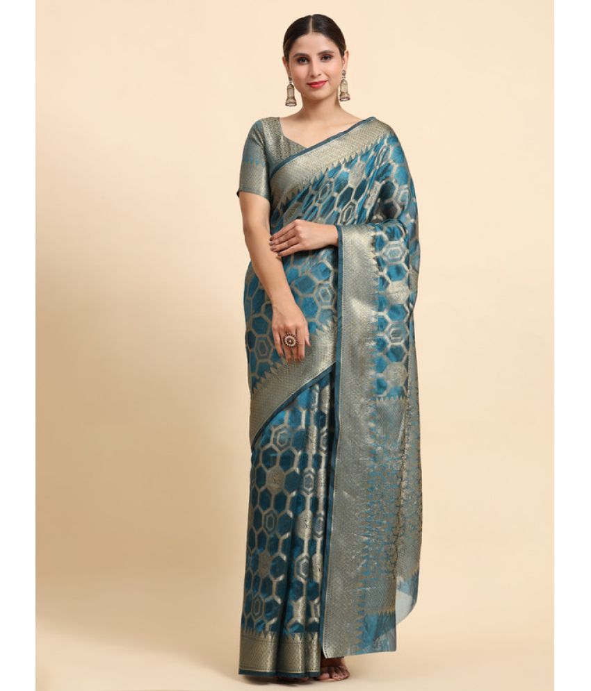     			Indesa Organza Woven Saree With Blouse Piece - SkyBlue ( Pack of 1 )