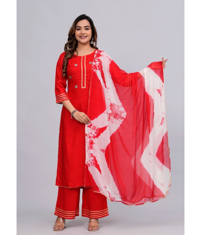     			MAUKA Rayon Embroidered Kurti With Palazzo Women's Stitched Salwar Suit - Red ( Pack of 1 )