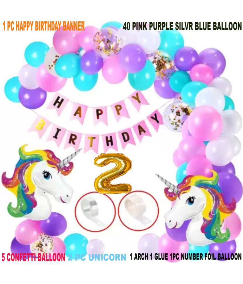     			KR 2ND / SECOND HAPPY BIRTDAY DECORATION WITH HAPPY BIRTHDAY BLUE BANNER , 2 UNICORN BALLOON 1 ARCH 1 GLUE 40 PINK PURPLE BLUE BALLOON  5 CONFETTI BALLOON 2 NO GOLD FOIL BALLOON