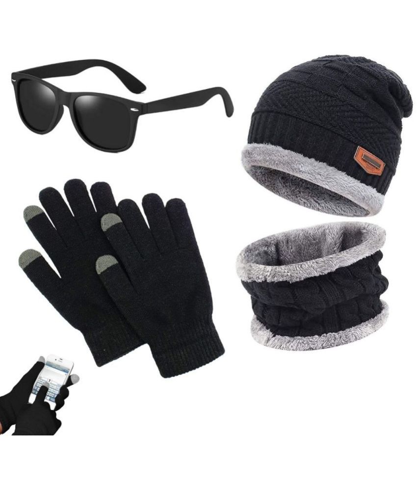     			thriftkart - Men's & Women's Woolen Cap with Neck Muffler/Neckwarmer and Assorted Color Unisex Sunglasses and Woolen Knitted Hand Gloves
