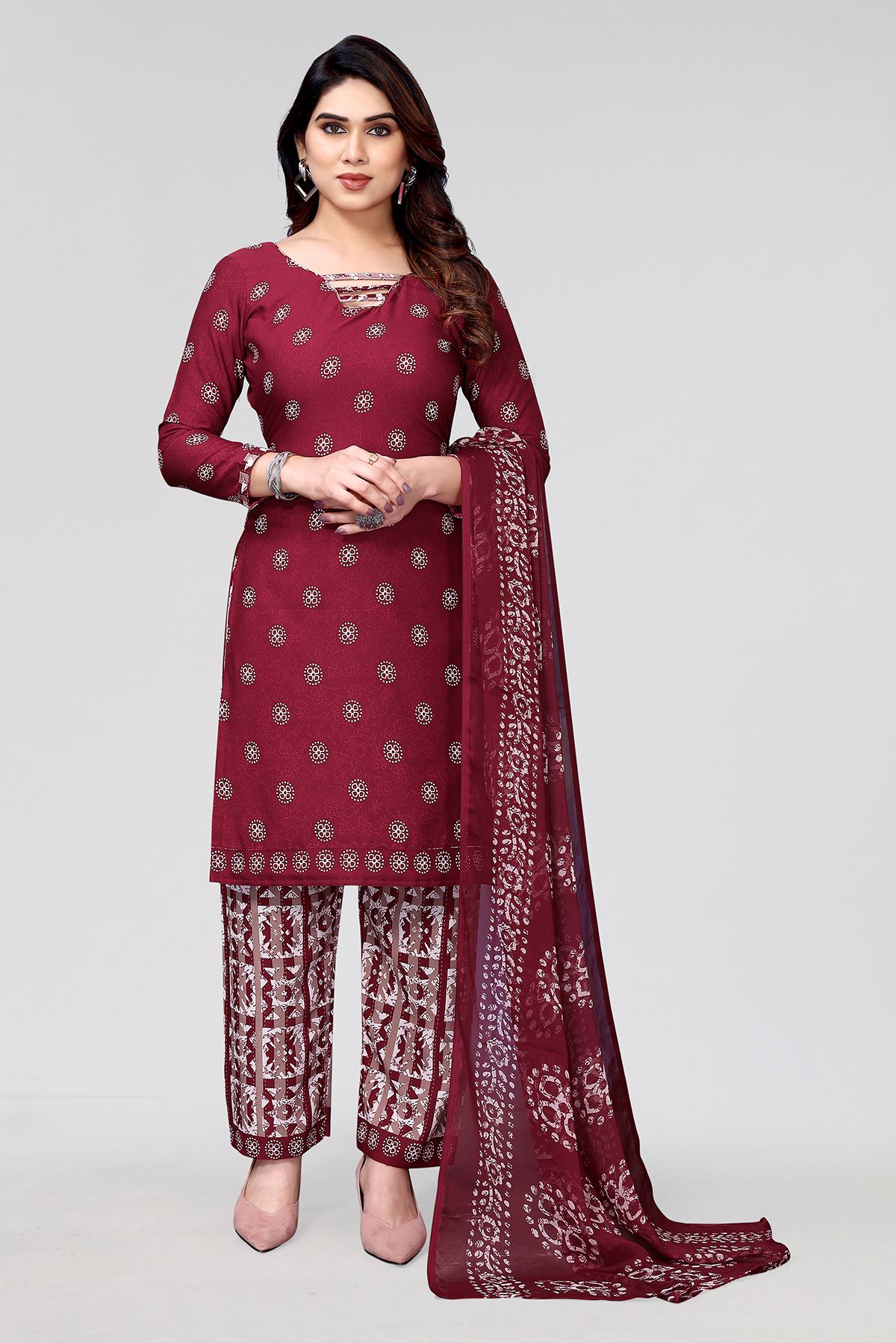    			Kashvi Unstitched Crepe Printed Dress Material - Maroon ( Pack of 1 )