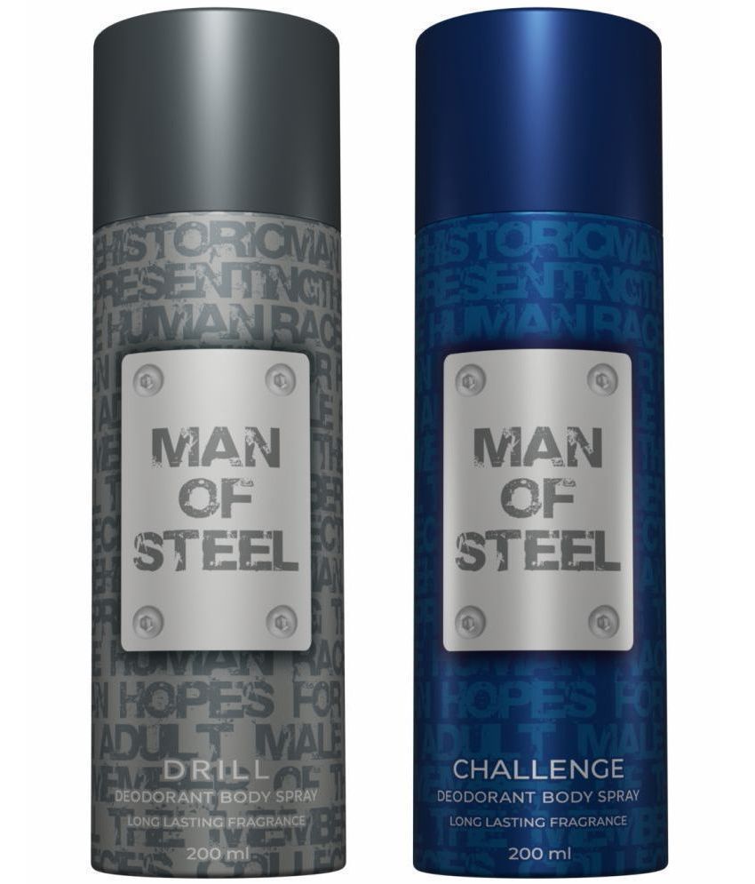     			Denver Man Of Steel Drill & Challenge Deodorant Spray for Men 400 ml ( Pack of 2 )