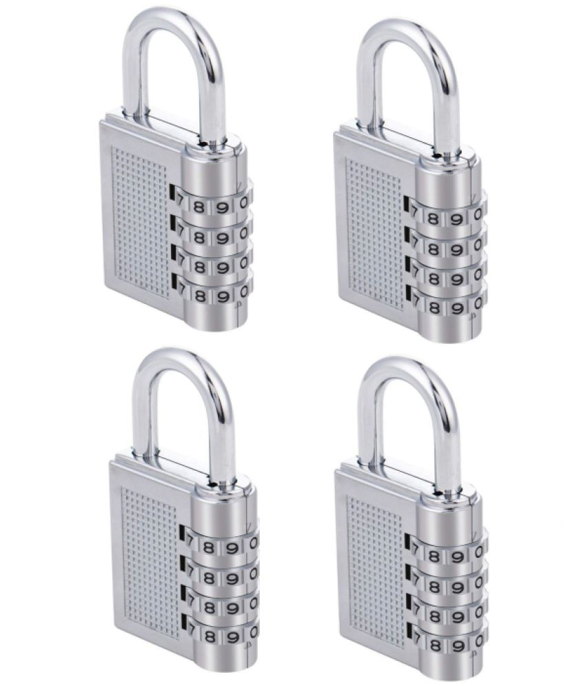     			PACK OF 4 -  Combination 4-Digit Safe Painted PIN Hand Bag Shaped Combination Stainless Steel Padlock Lock for Home/Shop/Office/Store/ Farmhouse (Silver, Color May Vary, 79 x 40 x 18mm)
