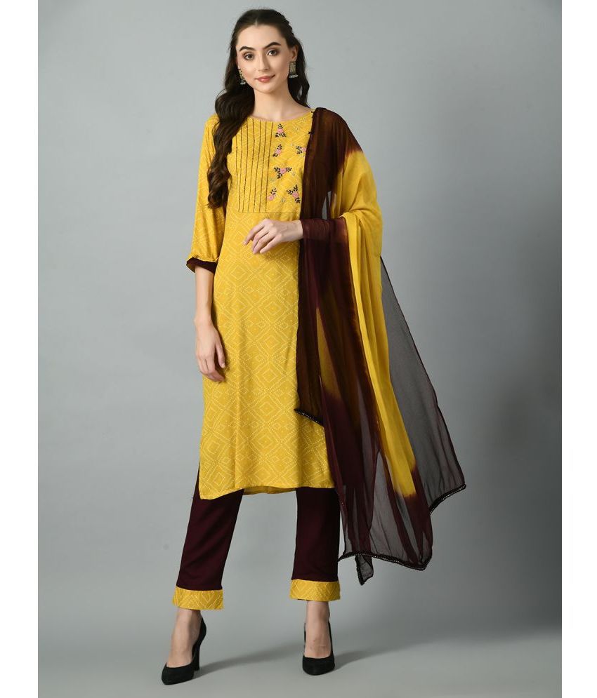     			PrettyPlus by Desinoor.com Rayon Printed Kurti With Pants Women's Stitched Salwar Suit - Yellow ( Pack of 1 )