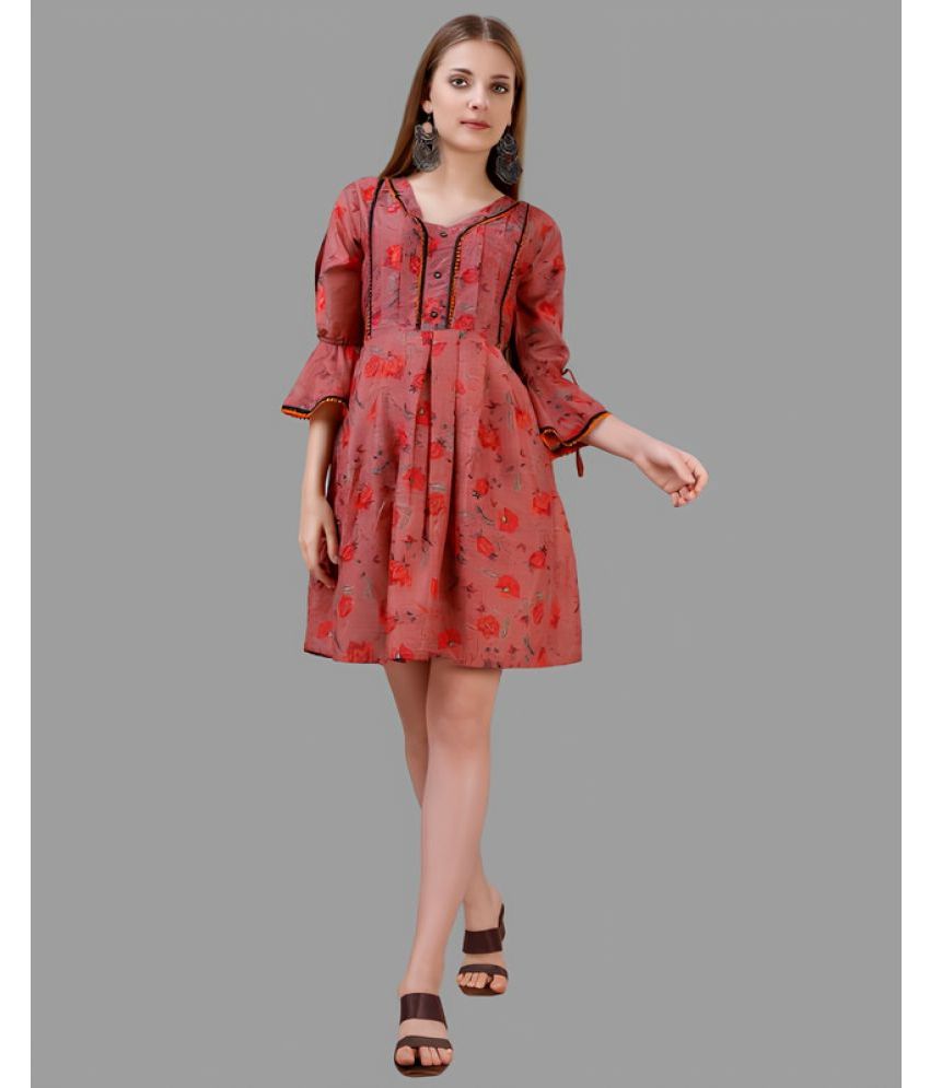     			Sanwariya Silks Cotton Blend Printed Above Knee Women's Fit & Flare Dress - Red ( Pack of 1 )