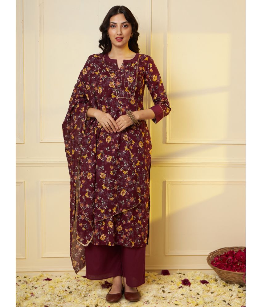     			Tissu Cotton Printed Kurti With Palazzo Women's Stitched Salwar Suit - Maroon ( Pack of 1 )