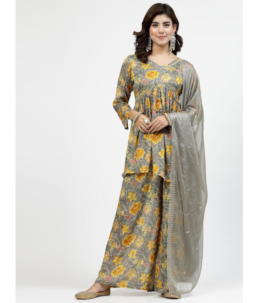     			Yellow Cloud Chiffon Printed Kurti With Sharara And Gharara Women's Stitched Salwar Suit - Grey ( Pack of 1 )