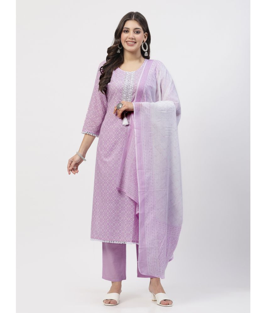     			Yellow Cloud Cotton Printed Kurti With Pants Women's Stitched Salwar Suit - Lavender ( Pack of 1 )