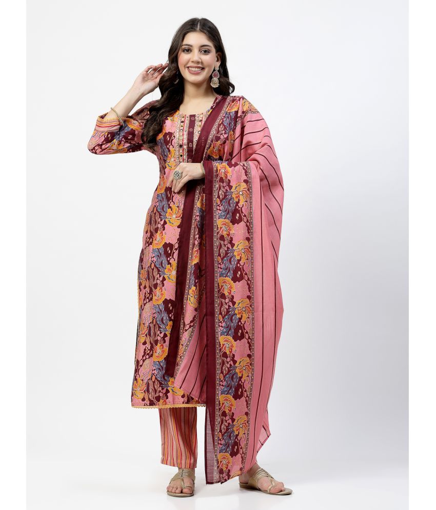     			Yellow Cloud Silk Printed Kurti With Pants Women's Stitched Salwar Suit - Pink ( Pack of 1 )