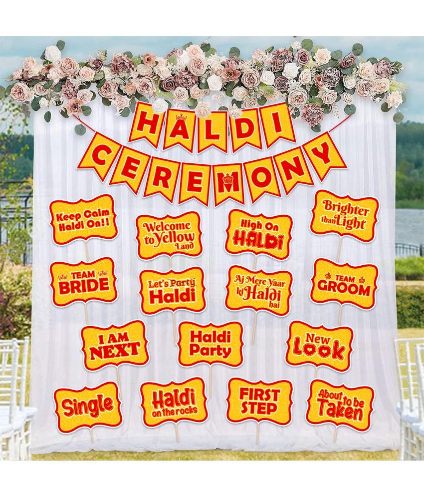     			Zyozi Haldi Ceremony Decorations Kit, Backdrop Decoration For Haldi Ceremony - Mehendi Decorations Items for Home - Haldi Ceremony Banner With Photo Booth Props & Net Curtains (Pack Of 17)