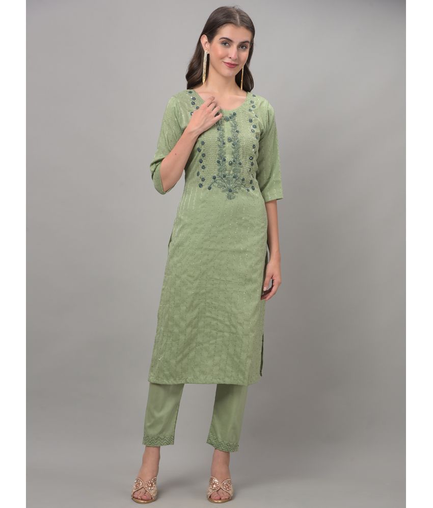     			Dollar Missy Cotton Blend Embroidered Straight Women's Kurti - Green ( Pack of 1 )