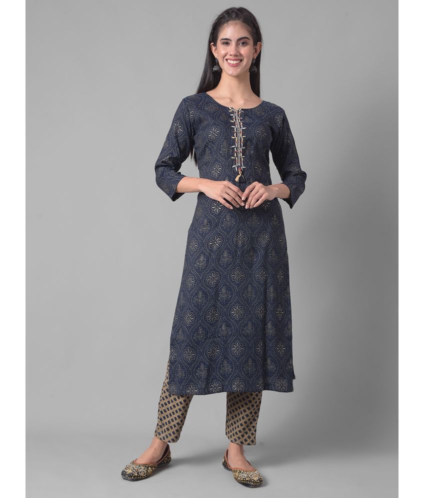     			Dollar Missy Cotton Blend Self Design Straight Women's Kurti - Blue ( Pack of 1 )