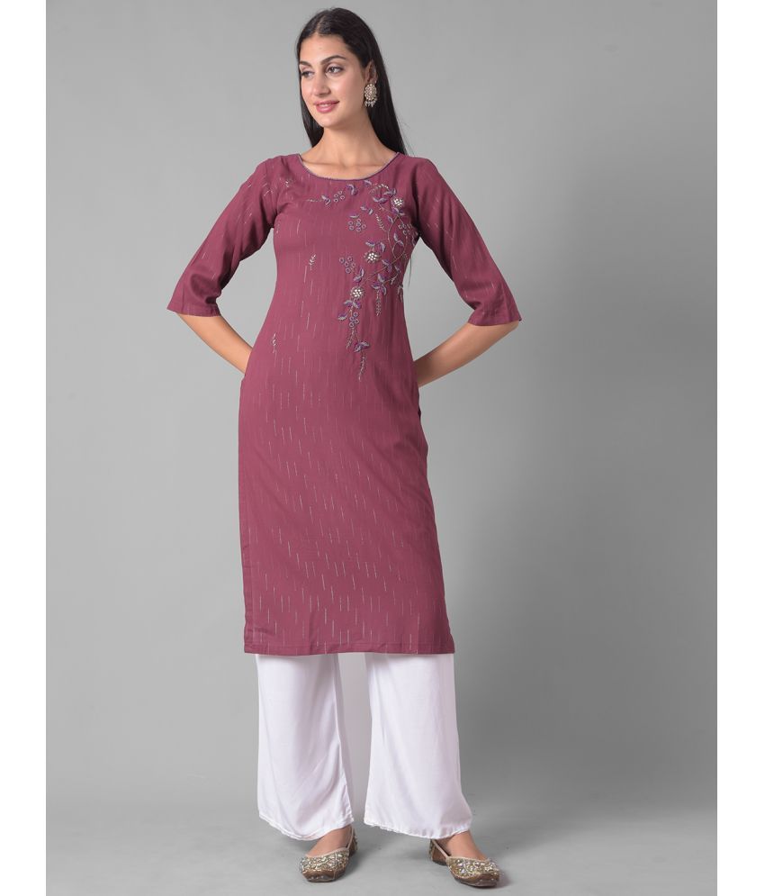     			Dollar Missy Cotton Blend Embroidered Straight Women's Kurti - Purple ( Pack of 1 )