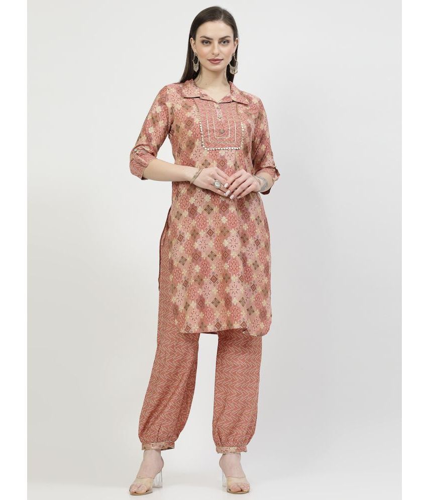     			Yellow Cloud Silk Printed Kurti With Salwar Women's Stitched Salwar Suit - Peach ( Pack of 1 )