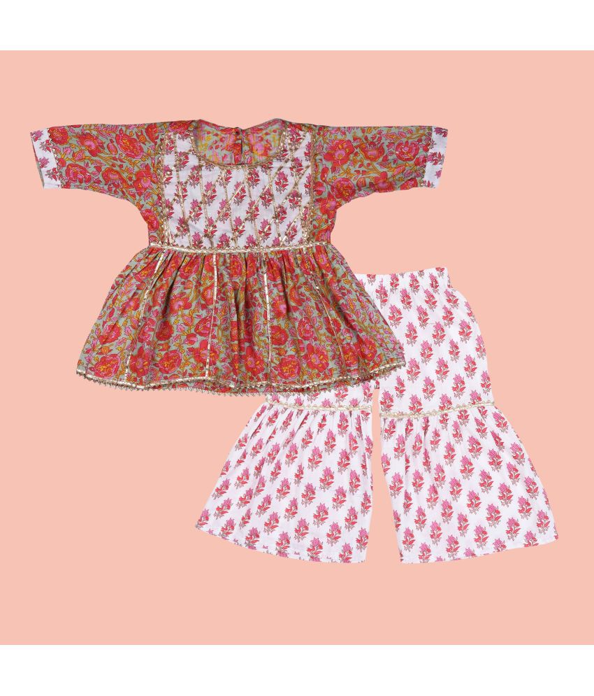     			Arshia Fashions Baby Girls Jaipuri Print Frock Style Kurti with Frill Sleeves and Palazzo Style Salwar Ethnic Dress