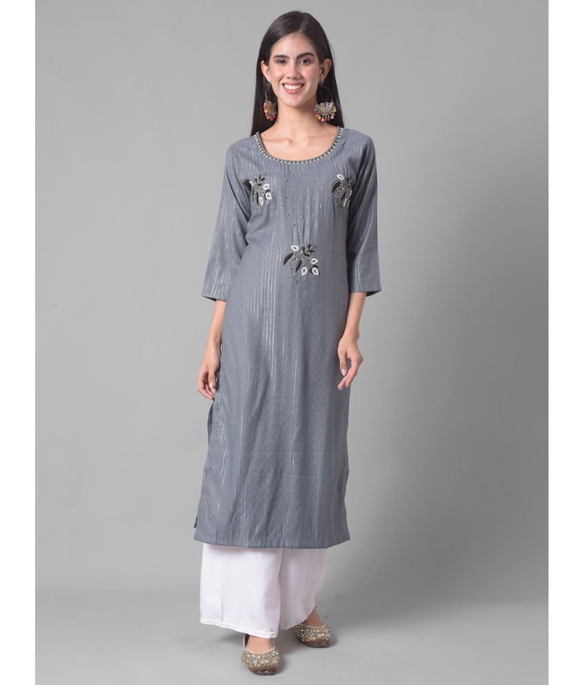     			Dollar Missy Cotton Blend Embellished Straight Women's Kurti - Grey ( Pack of 1 )