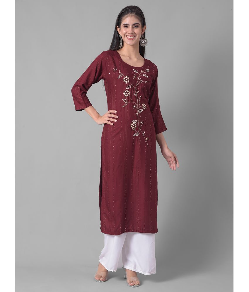     			Dollar Missy Cotton Blend Embellished Straight Women's Kurti - Maroon ( Pack of 1 )