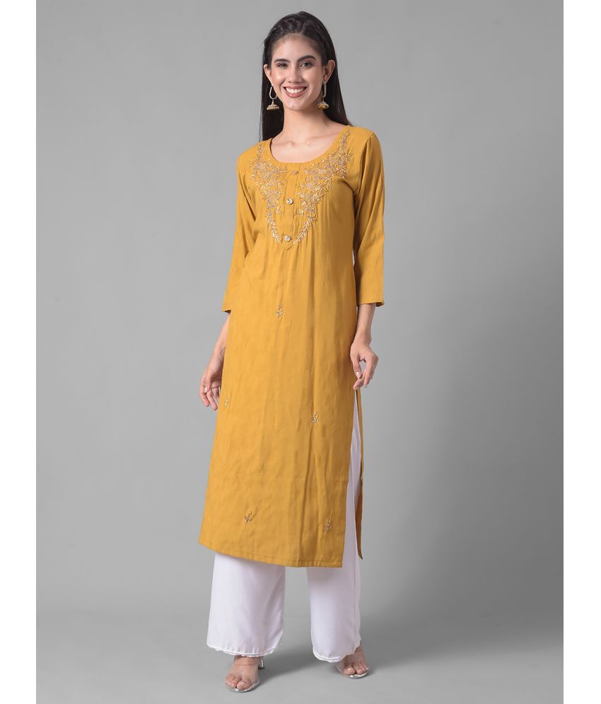     			Dollar Missy Cotton Blend Embellished Straight Women's Kurti - Yellow ( Pack of 1 )