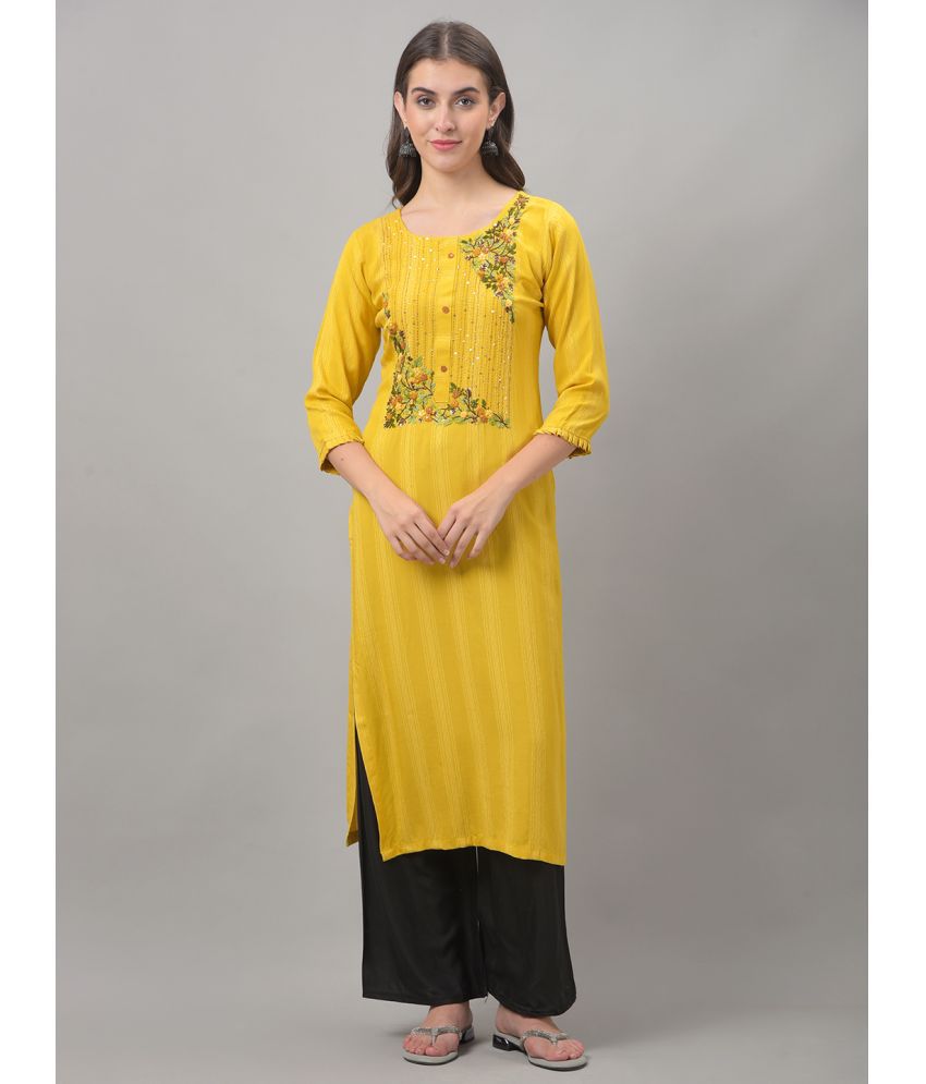     			Dollar Missy Cotton Blend Embroidered Straight Women's Kurti - Yellow ( Pack of 1 )