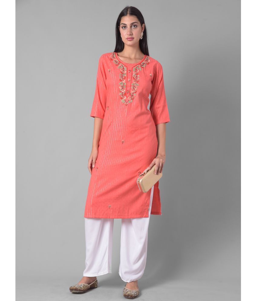     			Dollar Missy Cotton Blend Embroidered Straight Women's Kurti - Orange ( Pack of 1 )