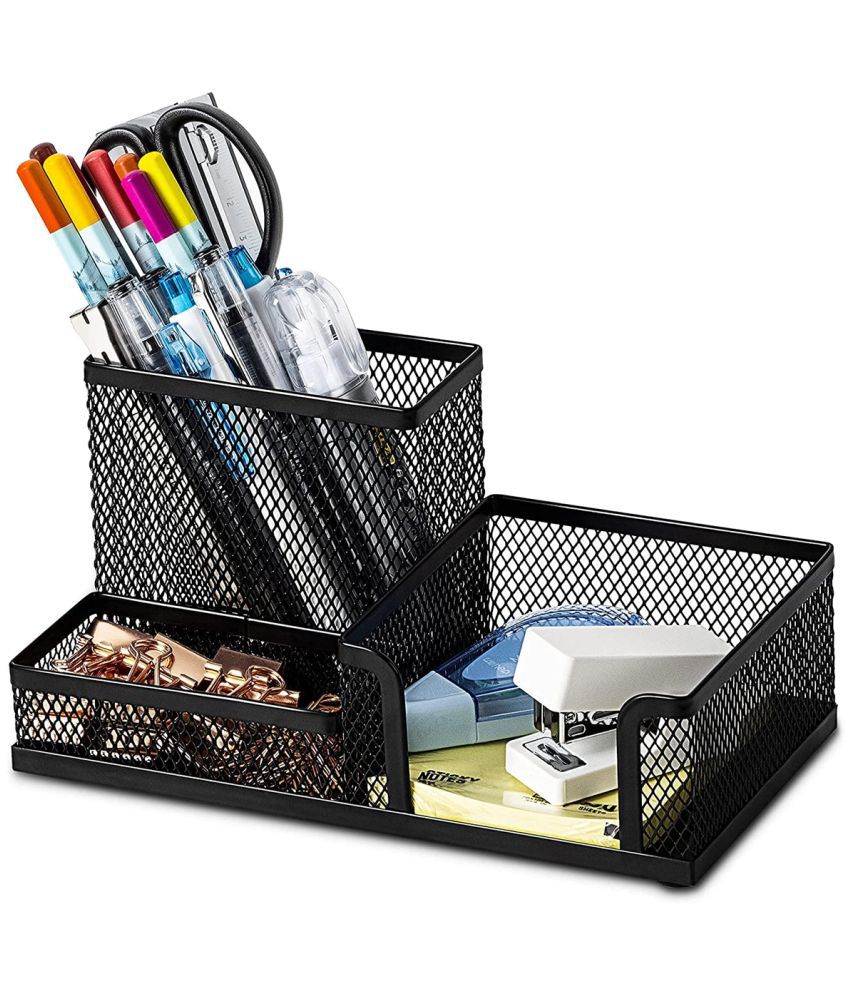     			GEEO 3 Compartment Metal Mesh Desk Organizer Stationary Storage Stand Pen/Pencil Holder for Office, Home, and Study Table Small Items Storage Box