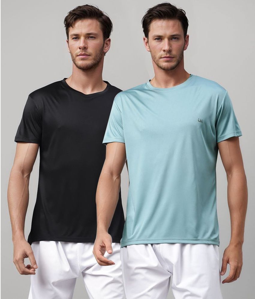     			UrbanMark Polyester Regular Fit Solid Half Sleeves Men's T-Shirt - Black & Blue ( Pack of 2 )