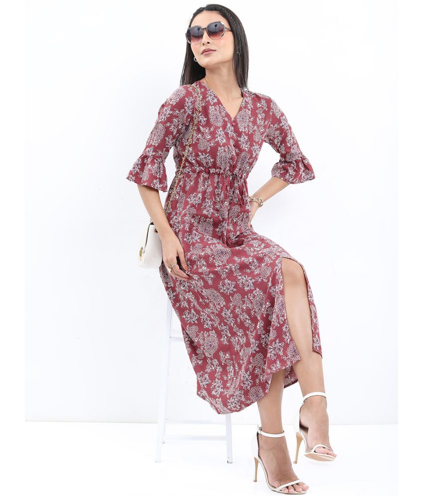     			Ketch Polyester Printed Ankle Length Women's Fit & Flare Dress - Burgundy ( Pack of 1 )
