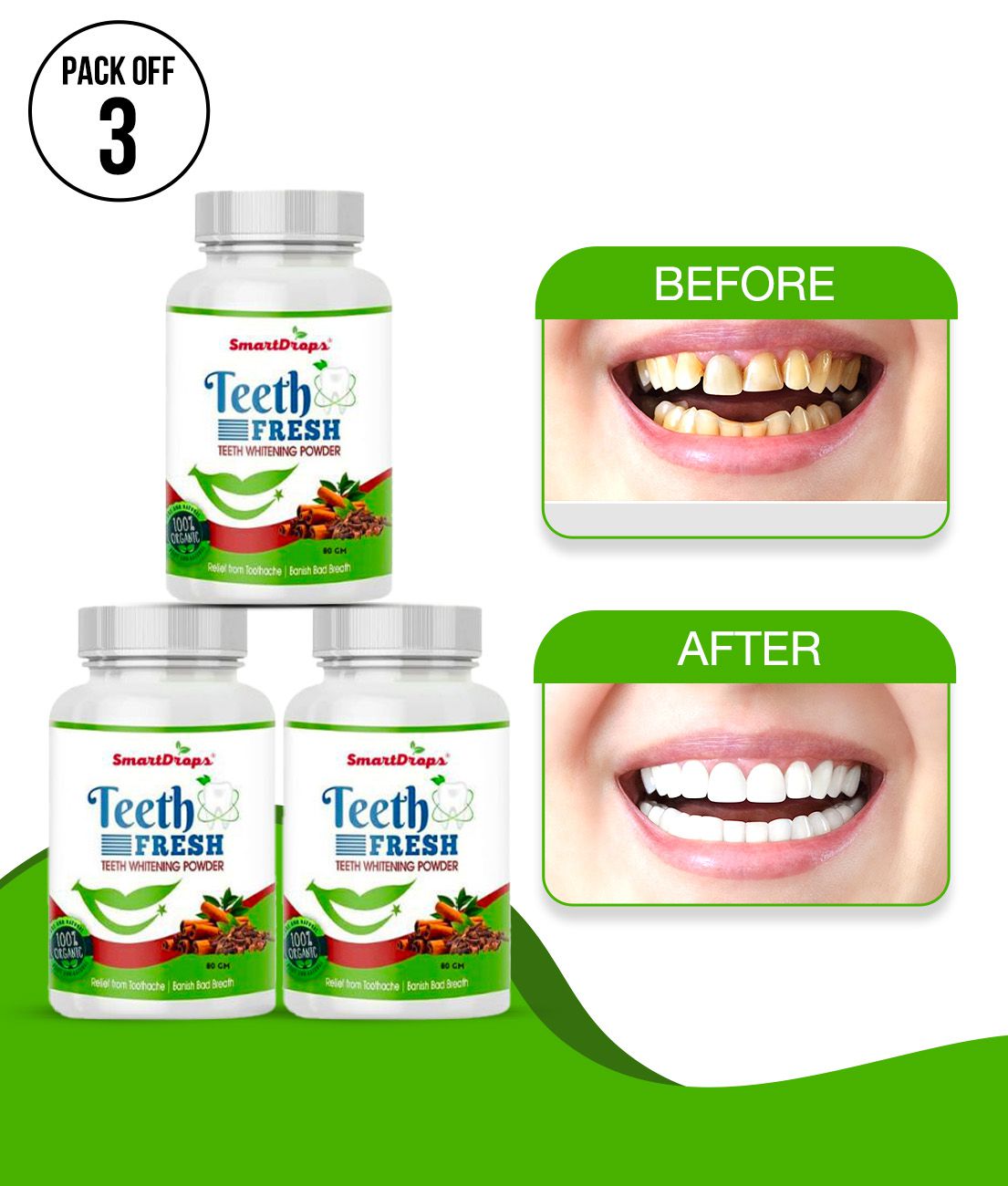     			Smartdrops Activated Charcoal Teeth Powder For Teeth Whitening Powder 80gm Pack of 3