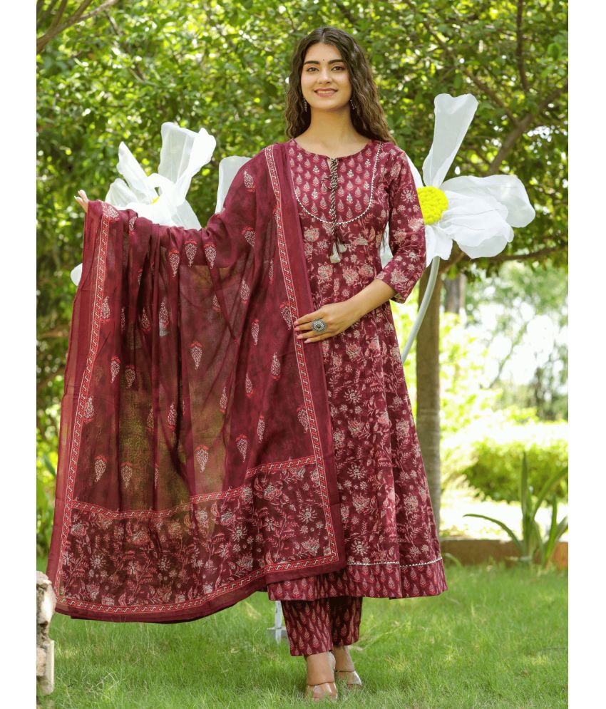     			Yufta Cotton Printed Kurti With Pants Women's Stitched Salwar Suit - Maroon ( Pack of 1 )