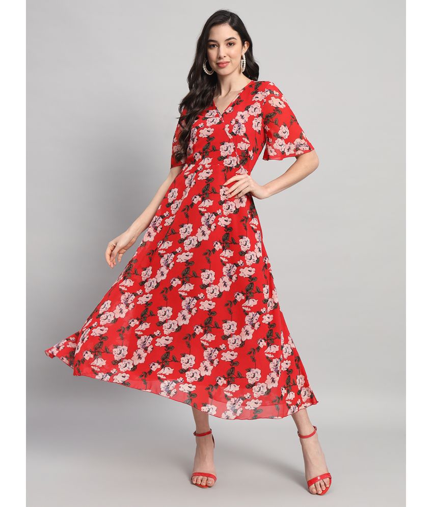     			Curvydrobe Georgette Printed Full Length Women's Fit & Flare Dress - Red ( Pack of 1 )