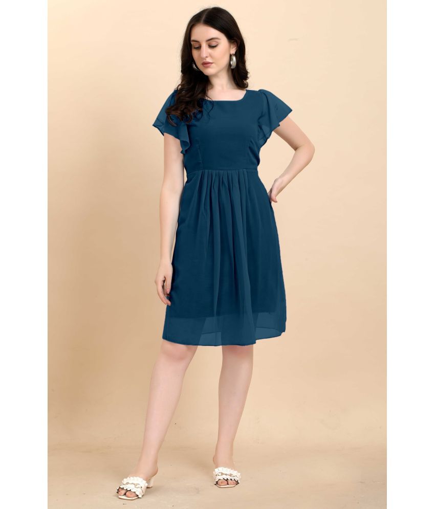     			Femvy Georgette Solid Knee Length Women's Fit & Flare Dress - Blue ( Pack of 1 )
